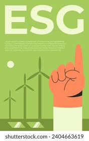 Nachhaltigkeit ESG. Grüne Energie, nachhaltige Industrie mit Windmühlen und Solarpaneelen. Konzept der ökologischen, sozialen und Corporate Governance. Flache Vektorgrafik.