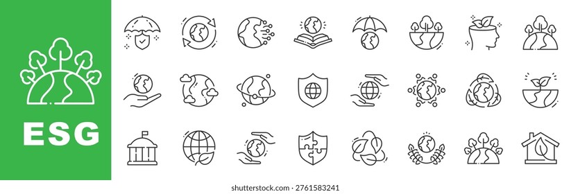 ESG sustainability icon set with global protection, renewable energy, recycling, governance, environmental conservation, outline line icons, editable stroke vector.
