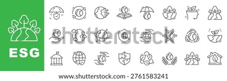 ESG sustainability icon set with global protection, renewable energy, recycling, governance, environmental conservation, outline line icons, editable stroke vector.
