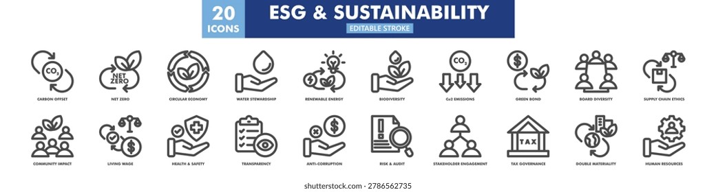 esg and sustainability icon set in line style, icon set containing carbon offset, net zero, circular economy, water stewardship, renewable energy, biodiversity. editable stroke. vector illustration.