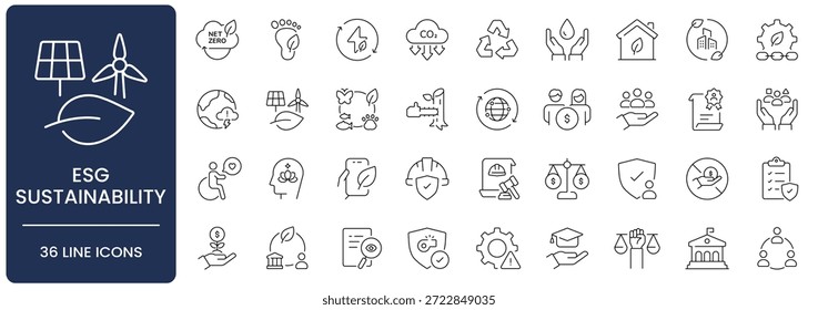ESG und Sustainability Line Icon Set. Sammlung von Umwelt-, Sozial-, Governance, net zero, Öko, erneuerbare Energien, Gleichheit, Vielfalt, Ethik-Business, CSR, und Kohlenstoff-Symbole, Editable Stroke.