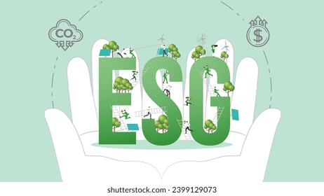 ESG sustainability policy in hand. Carbon credit calculate from reduce carbon footprint and carbon dioxide to carbon offset. Green renewable energy, sustainable development. Vector illustration.