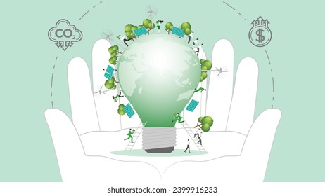 ESG sustainability policy in hand. Carbon credit calculate from reduce carbon footprint and carbon dioxide to carbon offset. Green renewable energy, sustainable development. Vector illustration.