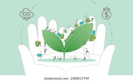 ESG sustainability policy in hand. Carbon credit calculate from reduce carbon footprint and carbon dioxide to carbon offset. Green renewable energy, sustainable development. Vector illustration.