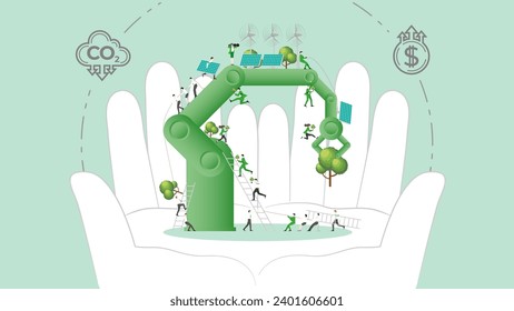 Nachhaltigkeitspolitik der ESG in greifbarer Nähe. CO2-Kredit berechnet aus der Verringerung des CO2-Fußabdrucks und Kohlendioxid bis zum CO2-Ausgleich. Grüne erneuerbare Energien, nachhaltige Entwicklung. Vektorgrafik.