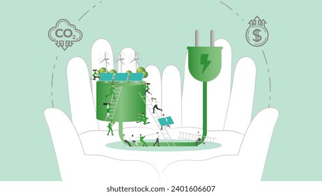 ESG sustainability policy in hand. Carbon credit calculate from reduce carbon footprint and carbon dioxide to carbon offset. Green renewable energy, sustainable development. Vector illustration.
