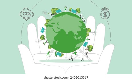 ESG sustainability policy in hand. Carbon credit calculate from reduce carbon footprint and carbon dioxide to carbon offset. Green renewable energy, sustainable development. Vector illustration.