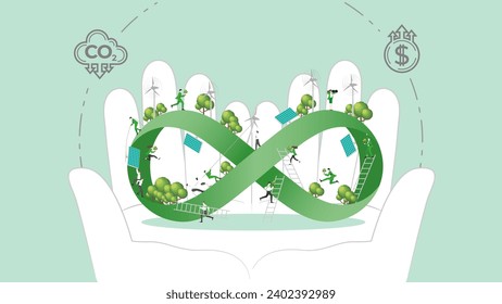 La política de sostenibilidad de los ESG está a la mano. El crédito de carbono se calcula a partir de la reducción de la huella de carbono y el dióxido de carbono a la compensación de carbono. Energía renovable verde, desarrollo sostenible. Ilustración vectorial.