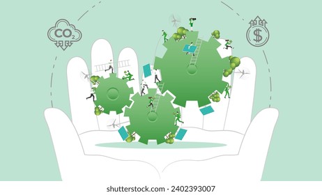 ESG sustainability policy in hand. Carbon credit calculate from reduce carbon footprint and carbon dioxide to carbon offset. Green renewable energy, sustainable development. Vector illustration.