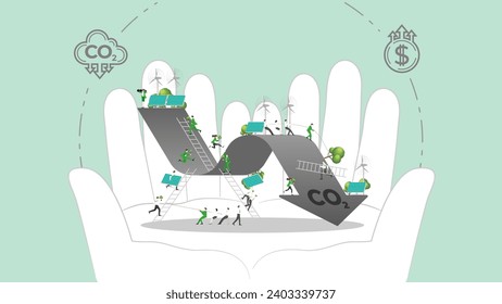 ESG sustainability policy in hand. Carbon credit calculate from reduce carbon footprint and carbon dioxide to carbon offset. Green renewable energy, sustainable development. Vector illustration.