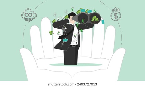 ESG sustainability policy in hand. Carbon credit calculate from reduce carbon footprint and carbon dioxide to carbon offset. Green renewable energy, sustainable development. Vector illustration.