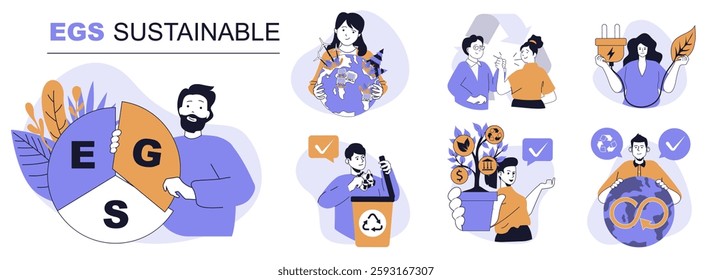 ESG sustainable concept set in flat web design. People in isolated scenes doing responsibility businesses with circular economy, environmental protection and waste recycling. Vector illustrations.