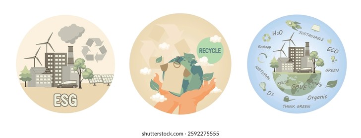 ESG Sustainable renewable energy sources. Earth planet globe. Slow sustainable fashion,environment care. Sustainable development and World environment day concept design. 