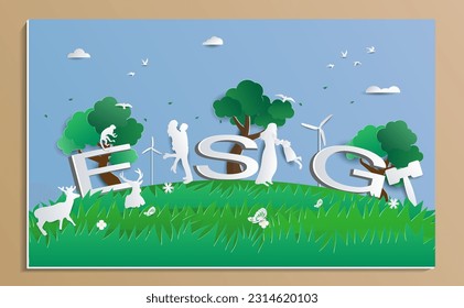 ESG Text Vector illustration With nature, society, environment governance Clean energy, sustainability with the sky background, (ESG) environmental social governance Paper cut art out style concepts.