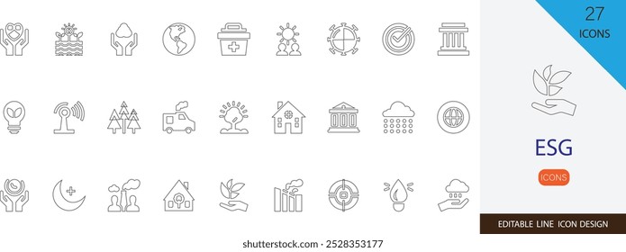 ESG thin line icon set. containing environment, governance, social, green, energy, conservation and more   stroke icons