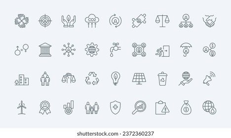 ESG thin line icons set vector illustration. Outline pictograms of environmental, social criterias for corporate management, investment and organisation of company, financial care, safety and ethics