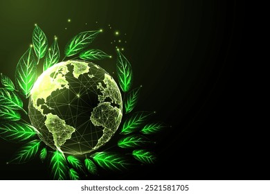 ESG values, sustainability, ecology, renewable energy. Eco-conscious business strategies concept with green leaves surrounding planet Earth. Glowing low polygonal abstract design vector illustration.