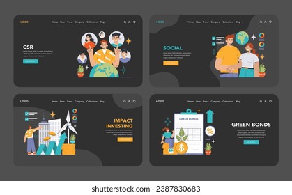 ESG web or landing dark or night mode web, landing set. Environmental, Social, Governance factors. Sustainable project investing. Corporate social responsibility. Flat vector illustration