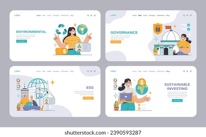 ESG web or landing set. Exploring Environmental, Social, Governance factors. Carbon footprint, sustainable investing, green bonds. Corporate social responsibility. Flat vector illustration