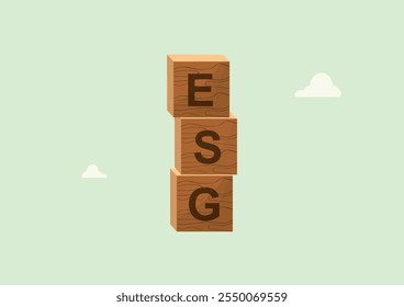 ESG Wooden Blocks Environmental Business Concept Illustration. wooden blocks spelling ESG against mint background, representing environmental and social governance principles. Vector illustration