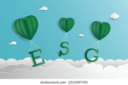 ESG word The green balloon floated on the clouds with the sky background Vector illustration, (ESG) environmental social governance Paper cut art out style concepts.