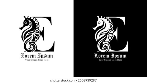 E-shaped logo design combined with seahorses