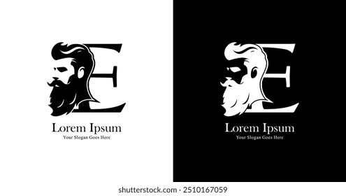 E-shaped logo design combined with the silhouette of a bearded man