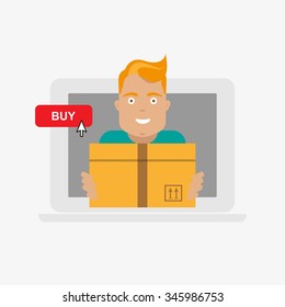 eshop delivery/ Blonde man boy with gift post box. Internet on-line shopping.