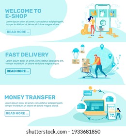 Service Set für E-Shop und Internet Marketing Clients. Schnelle Lieferung, Online-Zahlung und Geldtransfer. Menschen Cartoon Zeichen beschäftigt mit Verkauf und Versand Waren. Flache Vektorgrafik.