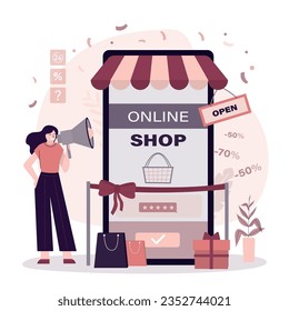 E-shop, new online store, internet shop. Woman owner opening store. advertisement, promotion. Grand opening ceremony. Mobile phone with marketplace app. Presentation and event. Vector illustration