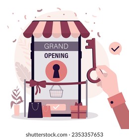 E-shop, new online store, internet shop. Hand holds key, owner opening store. advertisement, promotion. Grand opening ceremony. Mobile phone with marketplace app. Presentation and event. flat vector