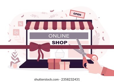 E-shop, new online store, internet shop on laptop screen. Businessman hand uses scissors and cutting ribbon and opening store. Grand opening ceremony. Presentation and event. flat vector illustration