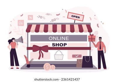 E-shop, new online store, internet shop. Co-founders opening store. advertisement, promotion campaign. Grand opening ceremony. Laptop with web marketplace app. Presentation, sales and event. vector