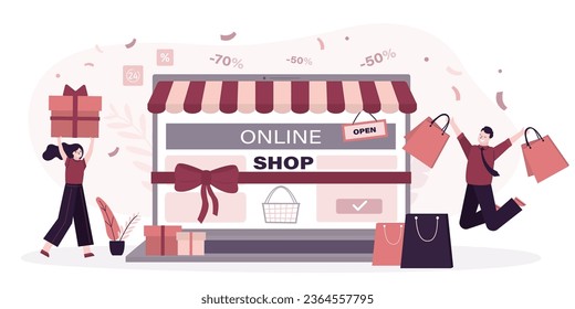 E-shop, new online store, internet shop on laptop screen. Grand opening ceremony. Happy consumers start shopping and receive gifts and discounts. Presentation and event. flat vector illustration