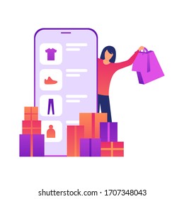 E-shop, shopping concept with characters. Commercial checkout pay, ecommerce retail on device for customer application. Discount for woman smart purchasing. Flat Isometric characters illustration.