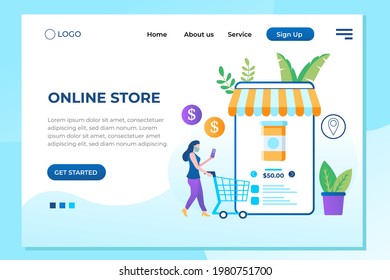 E-shop, shopping concept with characters. Commercial checkout pay, ecommerce retail on device for customer application. Discount for woman smart purchasing. Flat vector illustration