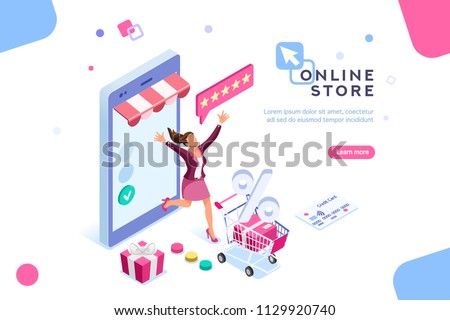 E-shop, shopping concept with characters. Commercial checkout pay, ecommerce retail on device for customer application. Discount for woman smart purchasing. Flat Isometric characters illustration.