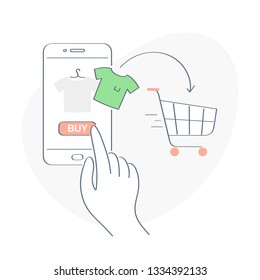 E-shop, shopping concept. Commercial checkout pay, making an order via smartphone, ecommerce retail on device for customer application, online purchasing. Flat outline vector illustration