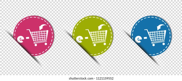 E-Shopping Cart - Three Colorful Round Buttons - Vector Illustration - Isolated On Transparent Background