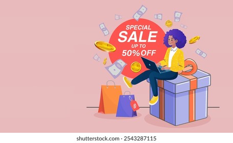 e-shopping, commerce, shopping bag with big sale sign black holiday promotion discount concept. woman use mobile app e-commerce Special offer. gift shopping Christmas , new year, birthday. Vector