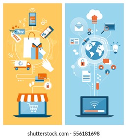 E-shopping, communication, networks and internet concepts connecting on laptops