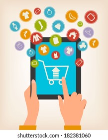 E-shopping concept. Hands touching a tablet with shopping icons. Vector.
