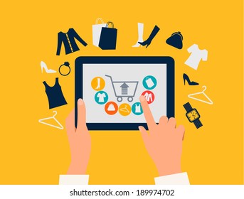 E-shopping concept. Hands touching a tablet with shopping icons. Vector. 