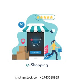 e-shopping concept with tiny woman character purchasing items from smartphone vector illustration.