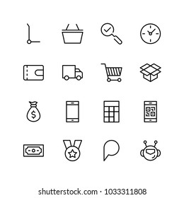 E-shopping flat icon set . Single high quality outline symbol of info for web design or mobile app. Thin line signs for design logo, visit card, etc. Outline logo of e-shopping