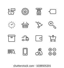 E-shopping flat icon set . Single high quality outline symbol of info for web design or mobile app. Thin line signs for design logo, visit card, etc. Outline logo of e-shopping
