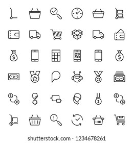 E-shopping flat icon set . Single high quality outline symbol of info for web design or mobile app. Thin line signs for design logo, visit card, etc. Outline logo of e-shopping