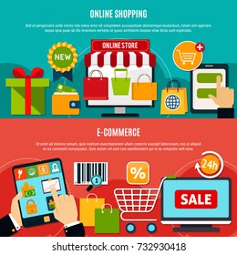 E-shopping horizontal banners with online store, wallet, app on electronic device, 24h service isolated vector illustration