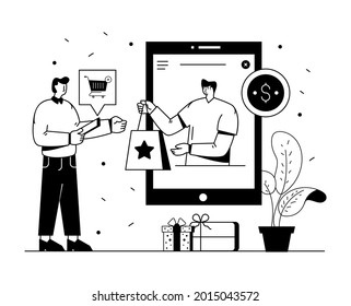 An e-shopping illustration with linear solid graphics 