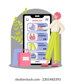 E-shopping. Pleased customer buying things via smartphone application. Smiling young woman ordering various items of clothing in Internet store. Flat vector illustration